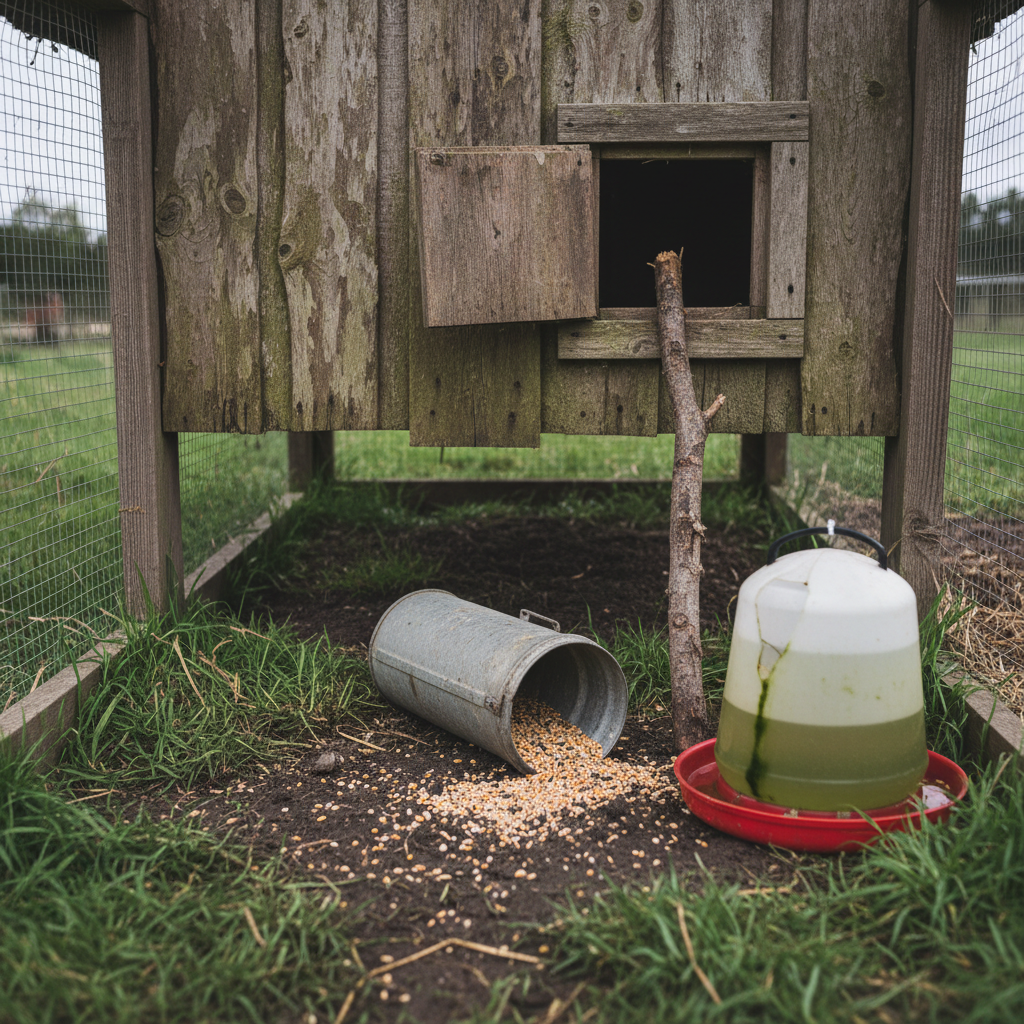 A close-up of a rustic wooden chicken coop exterior, its boards slightly warped and stained from seasons of weather, with a small hatch door propped open by an improvised stick. The coop run shows a patchwork of lush grass at the edges and bare, muddy earth near the feeding area, where a tipped-over galvanized feeder has spilled grain into the dirt. A cracked plastic waterer sits nearby, half full, with algae beginning to form. Overcast daylight creates diffused, even lighting, emphasizing texture in the wood, wire mesh, and soil. Photographic realism from a low, intimate angle, shallow depth of field isolating the flawed but functional setup. The atmosphere is practical, unvarnished, and quietly instructive, revealing both care and corners cut in real homestead life.