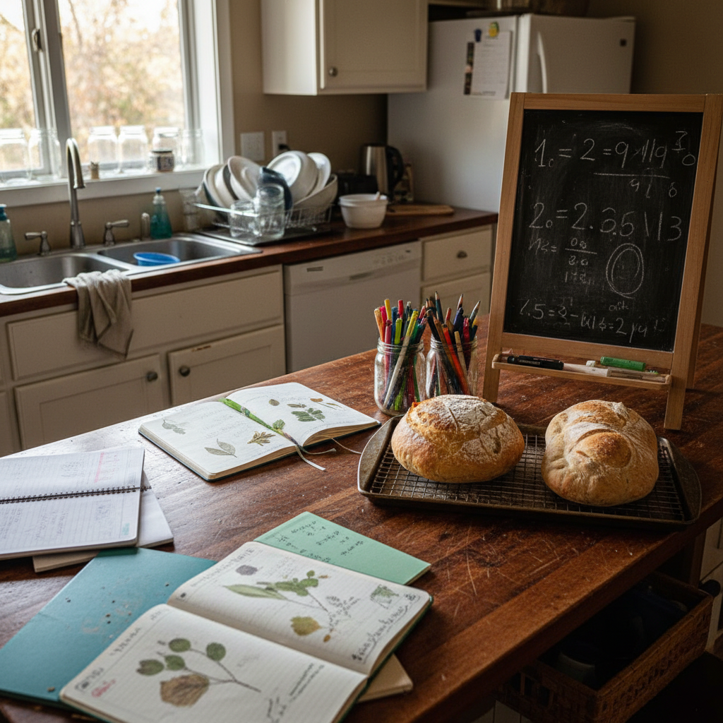 An indoor homeschooling nook within a homestead kitchen, centered on a scarred wooden countertop covered with open workbooks, a smudged chalkboard, half-finished nature journals, and a jar of mismatched pencils. Nearby, a tray of sourdough loaves in various stages of success rests on a cooling rack—one perfectly risen, one collapsed and misshapen, dusted with flour. Afternoon light streams through a window, reflecting off a stainless steel sink piled with unwashed dishes and mason jars. Photographic realism with a wide-angle, eye-level composition that captures both the learning chaos and domestic work in one cohesive frame. The mood is candid, slightly cluttered, and thoughtfully sophisticated, highlighting the imperfect overlap of homesteading and homeschooling without feeling staged.