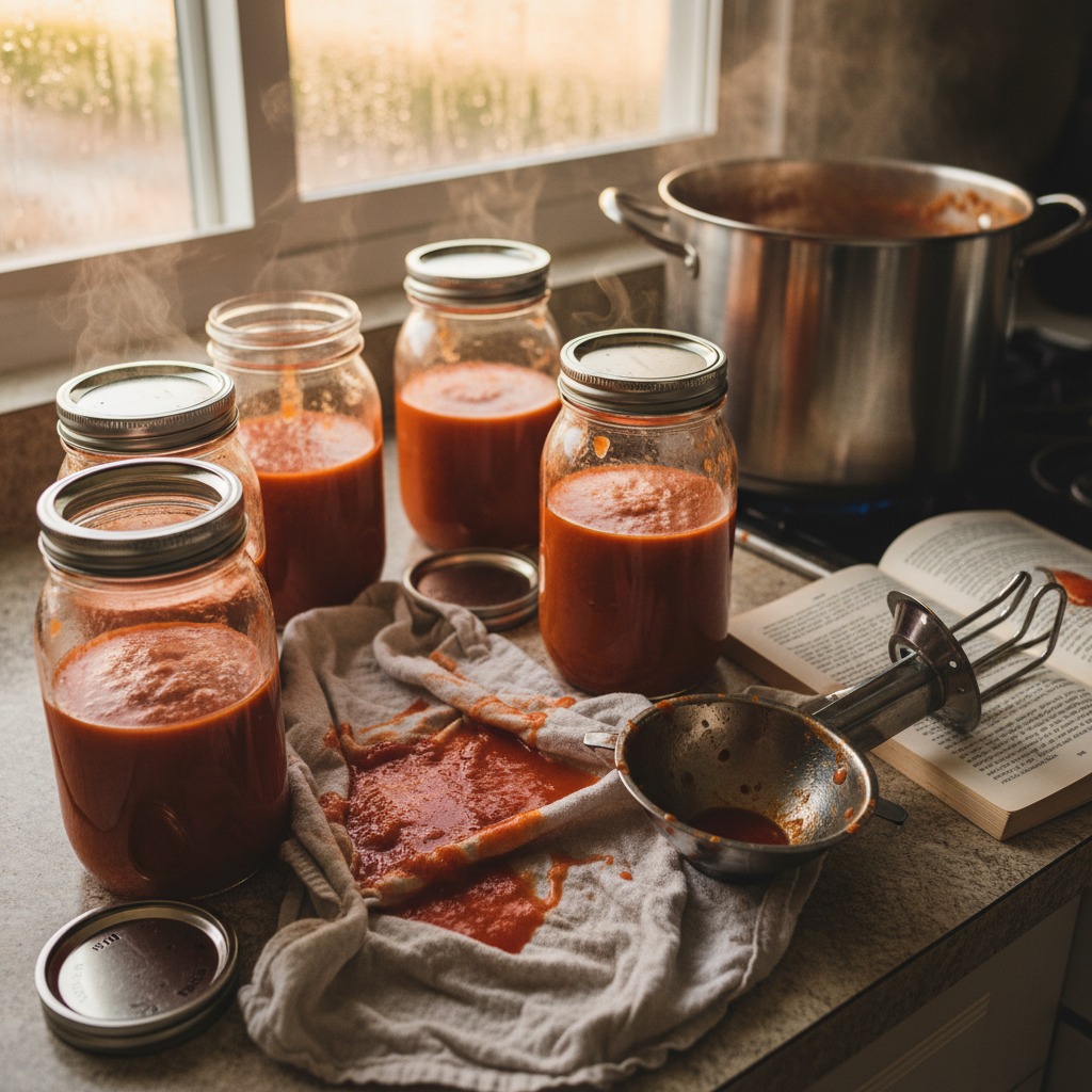 A canning station mid-disaster on an old laminate countertop, lined with steaming glass jars filled with slightly cloudy tomato sauce, a few with visible air bubbles and uneven headspace. A sticky red spill streaks across a wrinkled, stained kitchen towel, while a metal funnel, jar lifter, and paperback canning guide lie open and splattered nearby. The background reveals a stockpot at a rolling boil and condensation beading on a nearby window. Warm overhead kitchen lighting mixes with faint late-afternoon daylight, casting soft reflections on the jar lids and highlighting imperfections. Captured in photographic realism from a three-quarter overhead angle, with sharp focus on the messy center and a gentle blur toward the edges. The mood is tense but hopeful, emphasizing lessons learned through almost-failed preservation efforts.