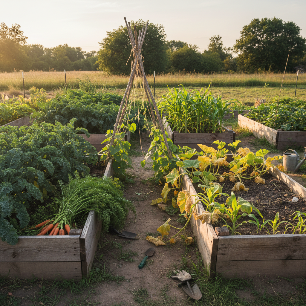A small backyard homestead garden captured in early evening, with raised beds made of mismatched, aging lumber. One bed flourishes with dark green kale and tidy carrots, while the neighboring bed shows stunted corn and yellowing squash vines sprawled haphazardly. A sagging trellis leans to one side, loosely supporting a few determined bean vines, with twine fraying in places. Golden hour light grazes the tops of the plants, casting long, soft shadows across compacted soil and scattered tools. Shot from a slightly elevated angle in photographic realism, using rule-of-thirds composition to contrast success and failure in the same frame. The mood is honest, contemplative, and quietly instructive, inviting viewers to study what’s working and what isn’t.
